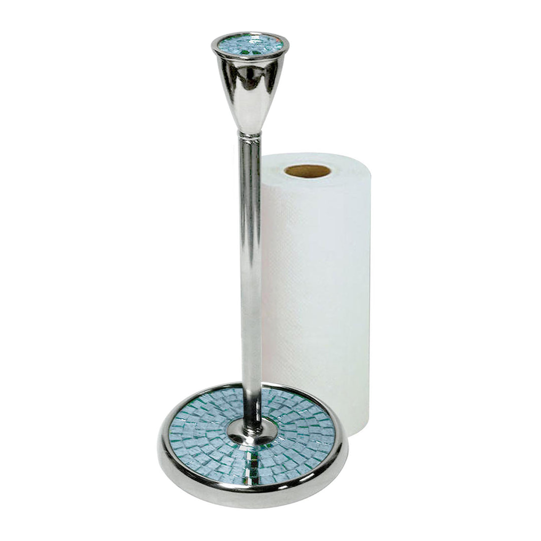 Stainless Steel Stand Up Paper Towel Holder | Easy One-Handed Tear Kitchen Paper Towel Dispenser with Weighted Base for Standard Paper Towel Rolls | Aqua Mosaic, Chrome Finish