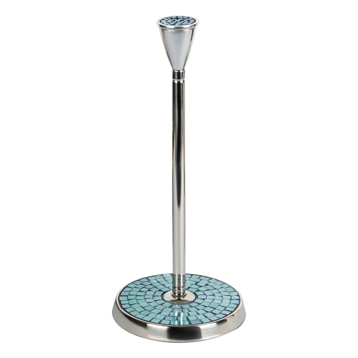 Stainless Steel Stand Up Paper Towel Holder | Easy One-Handed Tear Kitchen Paper Towel Dispenser with Weighted Base for Standard Paper Towel Rolls | Aqua Mosaic, Chrome Finish