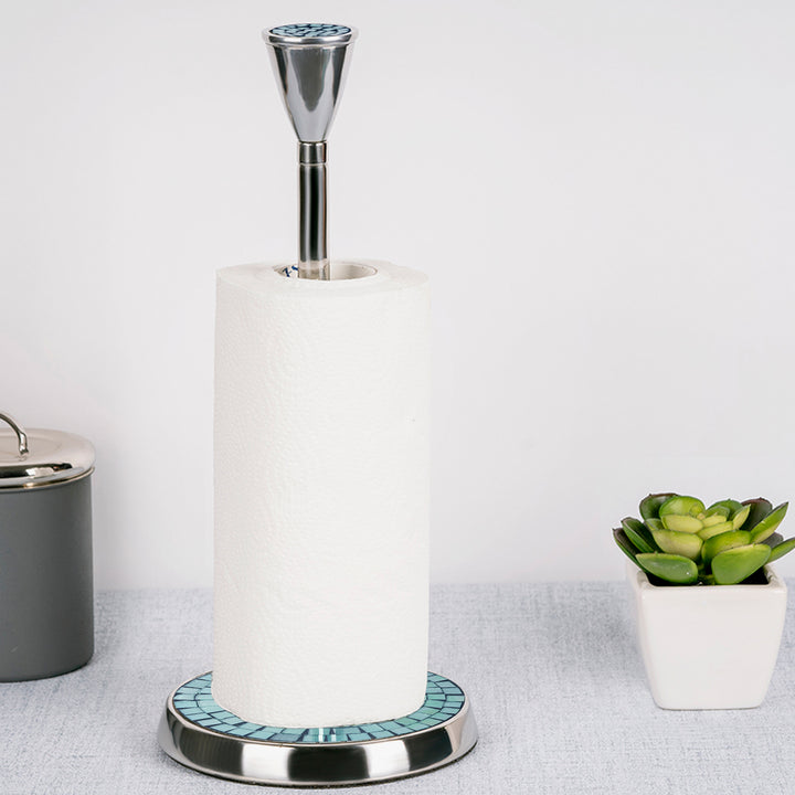 Stainless Steel Stand Up Paper Towel Holder | Easy One-Handed Tear Kitchen Paper Towel Dispenser with Weighted Base for Standard Paper Towel Rolls | Aqua Mosaic, Chrome Finish