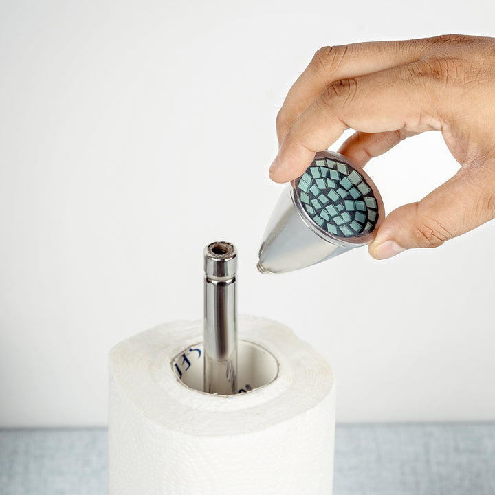 Stainless Steel Stand Up Paper Towel Holder | Easy One-Handed Tear Kitchen Paper Towel Dispenser with Weighted Base for Standard Paper Towel Rolls | Aqua Mosaic, Chrome Finish