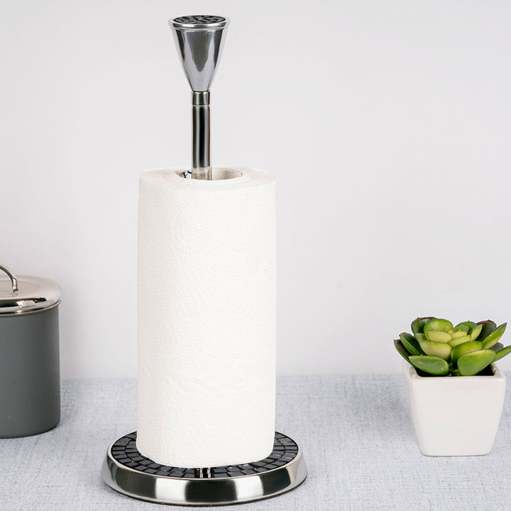 Stainless Steel Stand Up Paper Towel Holder | Easy One-Handed Tear Kitchen Paper Towel Dispenser with Weighted Base for Standard Paper Towel Rolls | Black Mosaic, Chrome Finish
