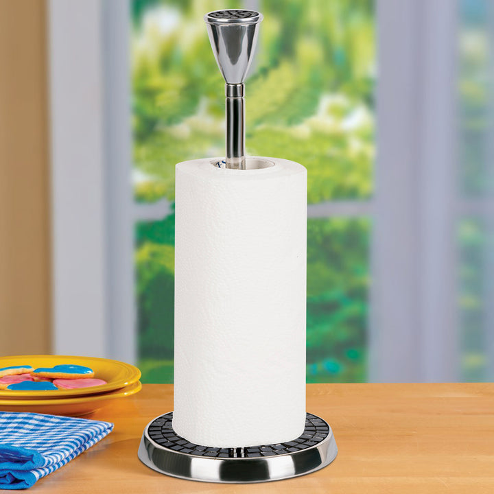 Stainless Steel Stand Up Paper Towel Holder | Easy One-Handed Tear Kitchen Paper Towel Dispenser with Weighted Base for Standard Paper Towel Rolls | Black Mosaic, Chrome Finish