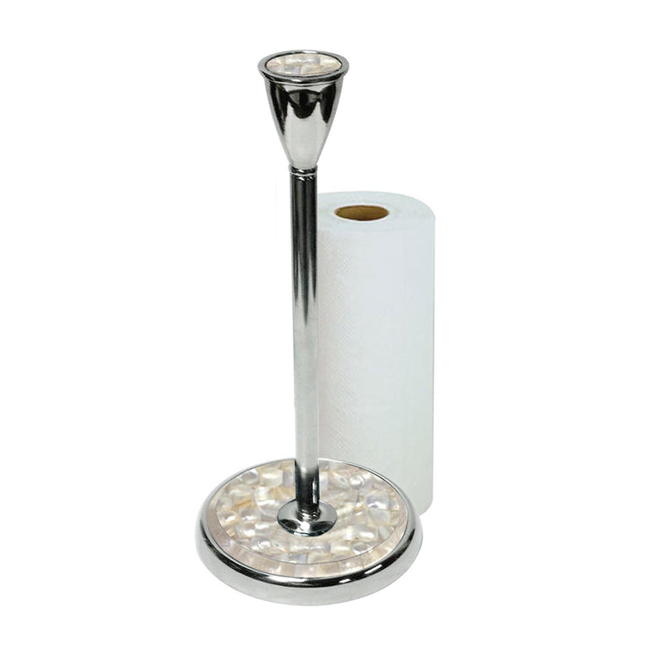Stainless Steel Stand Up Paper Towel Holder | Easy One-Handed Tear Kitchen Paper Towel Dispenser with Weighted Base for Standard Paper Towel Rolls | Mother of Pearl Accent, Chrome Finish