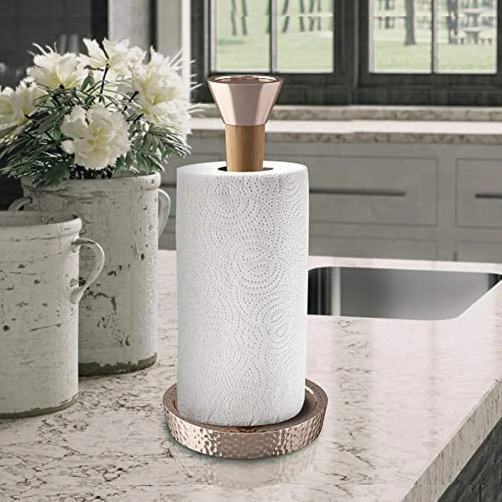 Wood Paper Towel Holder | Easy One-Handed Tear Kitchen Paper Towel Dispenser with Weighted Base for Standard Paper Towel Rolls, Oil Rubbed Bronze Finish
