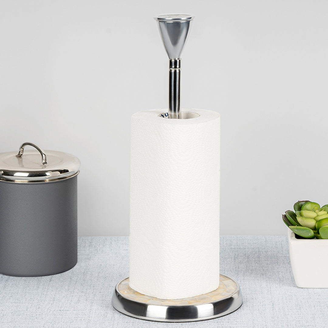 Stainless Steel Stand Up Paper Towel Holder | Easy One-Handed Tear Kitchen Paper Towel Dispenser with Weighted Base for Standard Paper Towel Rolls | Mother of Pearl Accent, Chrome Finish
