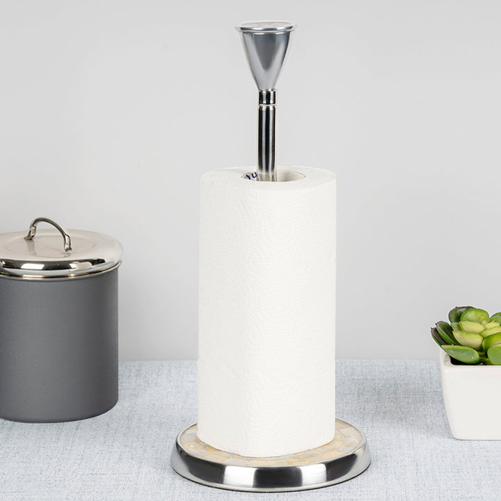 Stainless Steel Stand Up Paper Towel Holder | Easy One-Handed Tear Kitchen Paper Towel Dispenser with Weighted Base for Standard Paper Towel Rolls | Mother of Pearl Accent, Chrome Finish