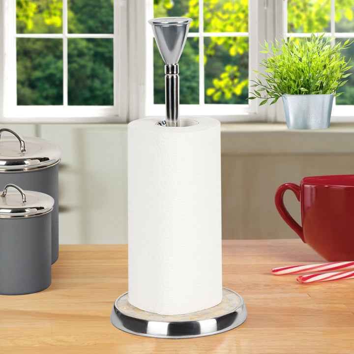Stainless Steel Stand Up Paper Towel Holder | Easy One-Handed Tear Kitchen Paper Towel Dispenser with Weighted Base for Standard Paper Towel Rolls | Mother of Pearl Accent, Chrome Finish