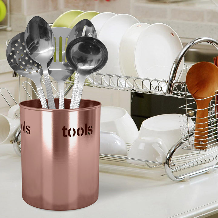 Stainless Steel Utensils holder "Tools" Cutout, 7.5'' H x 7.5'' W x 7.5'' D | Copper Finish