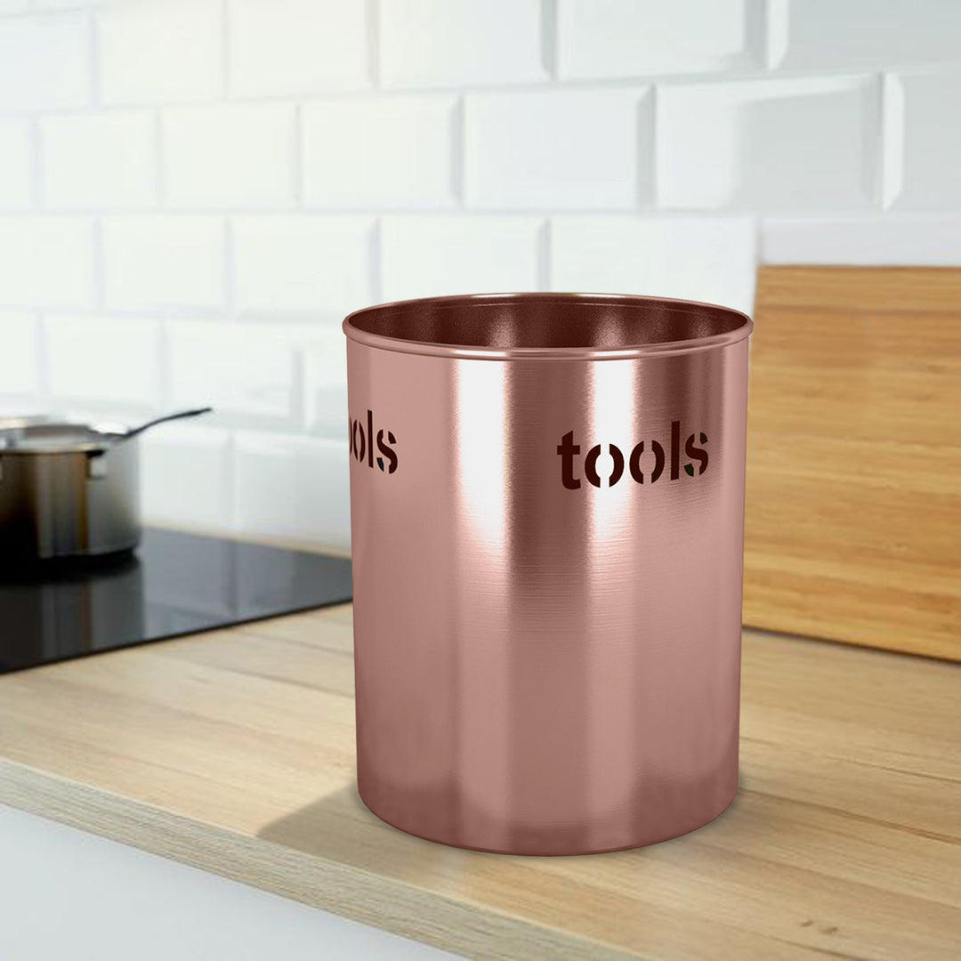 Stainless Steel Utensils holder "Tools" Cutout, 7.5'' H x 7.5'' W x 7.5'' D | Copper Finish
