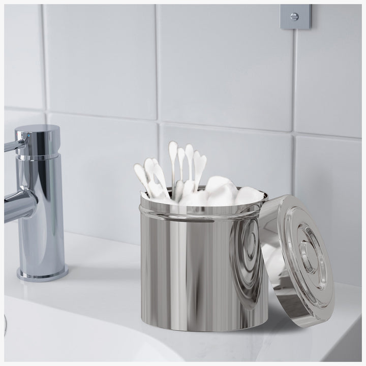 Stainless Steel Bathroom Canister | Vanity Countertop Storage Organizer | Jar for Cotton Swabs, Rounds, Balls, Makeup Sponges, Bath Salts | Shiny Finish
