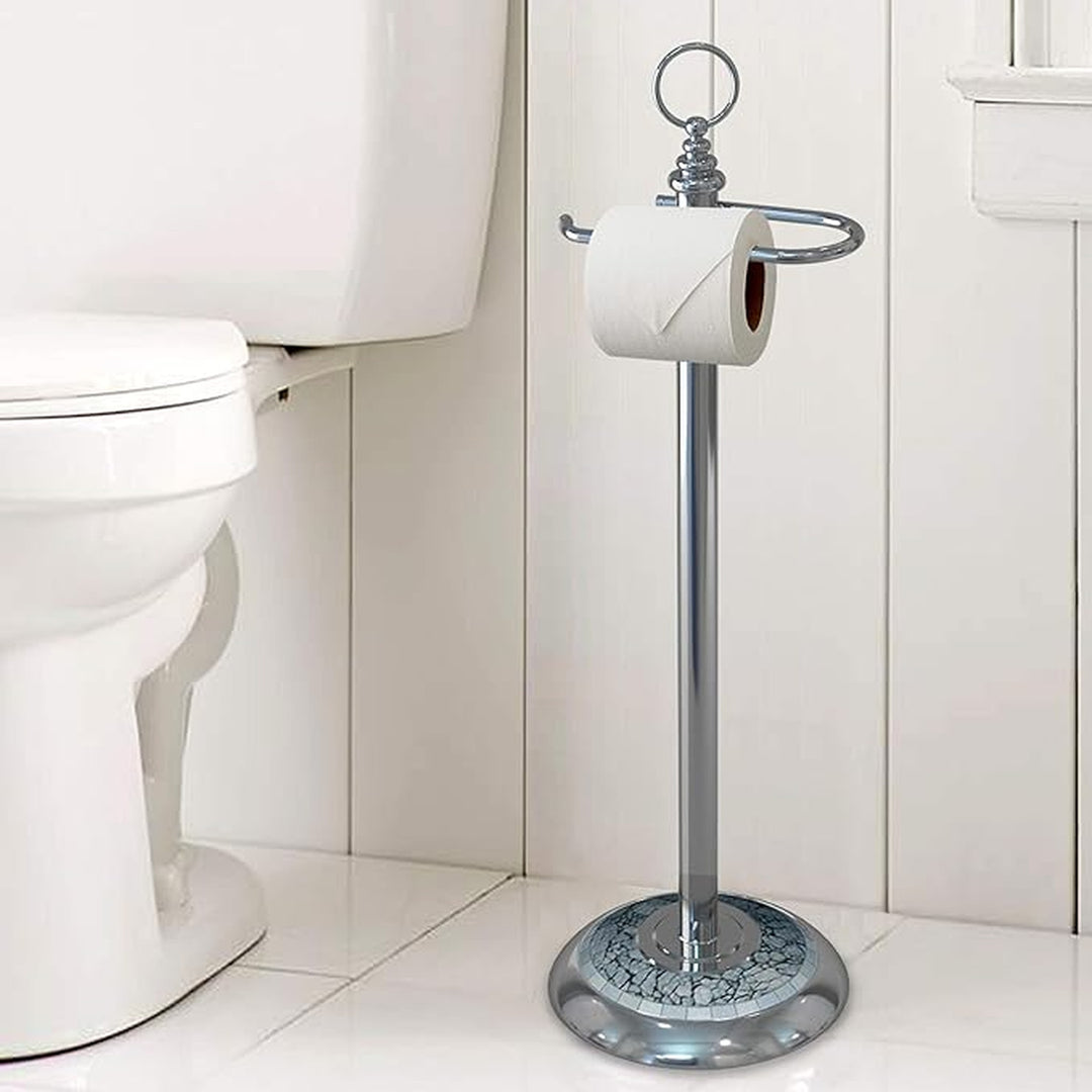 Freestanding Toilet Tissue Paper Roll Holder Stand Metal With Chrome and Aqua Mosaic Finish