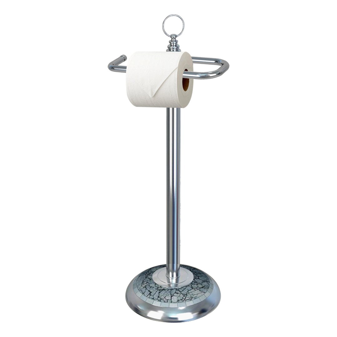 Freestanding Toilet Tissue Paper Roll Holder Stand Metal With Chrome and Aqua Mosaic Finish