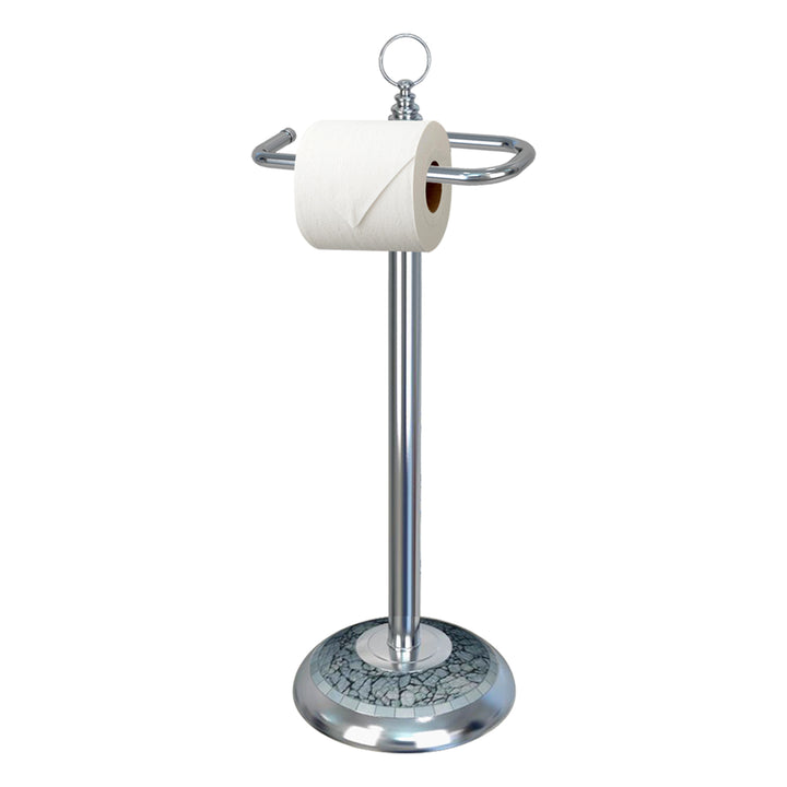 Freestanding Toilet Tissue Paper Roll Holder Stand Metal With Chrome and Aqua Mosaic Finish