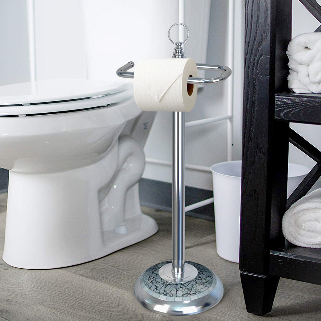 Freestanding Toilet Tissue Paper Roll Holder Stand Metal With Chrome and Aqua Mosaic Finish