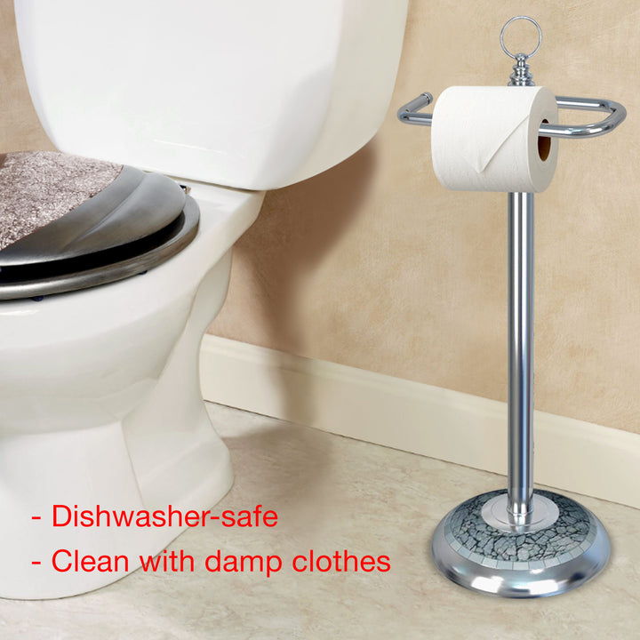 Freestanding Toilet Tissue Paper Roll Holder Stand Metal With Chrome and Aqua Mosaic Finish