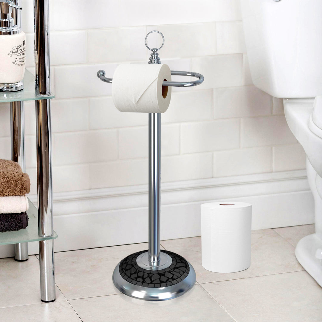 Freestanding Toilet Tissue Paper Roll Holder Stand Metal with Chrome and Black Mosaic Finish