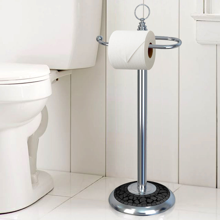 Freestanding Toilet Tissue Paper Roll Holder Stand Metal with Chrome and Black Mosaic Finish