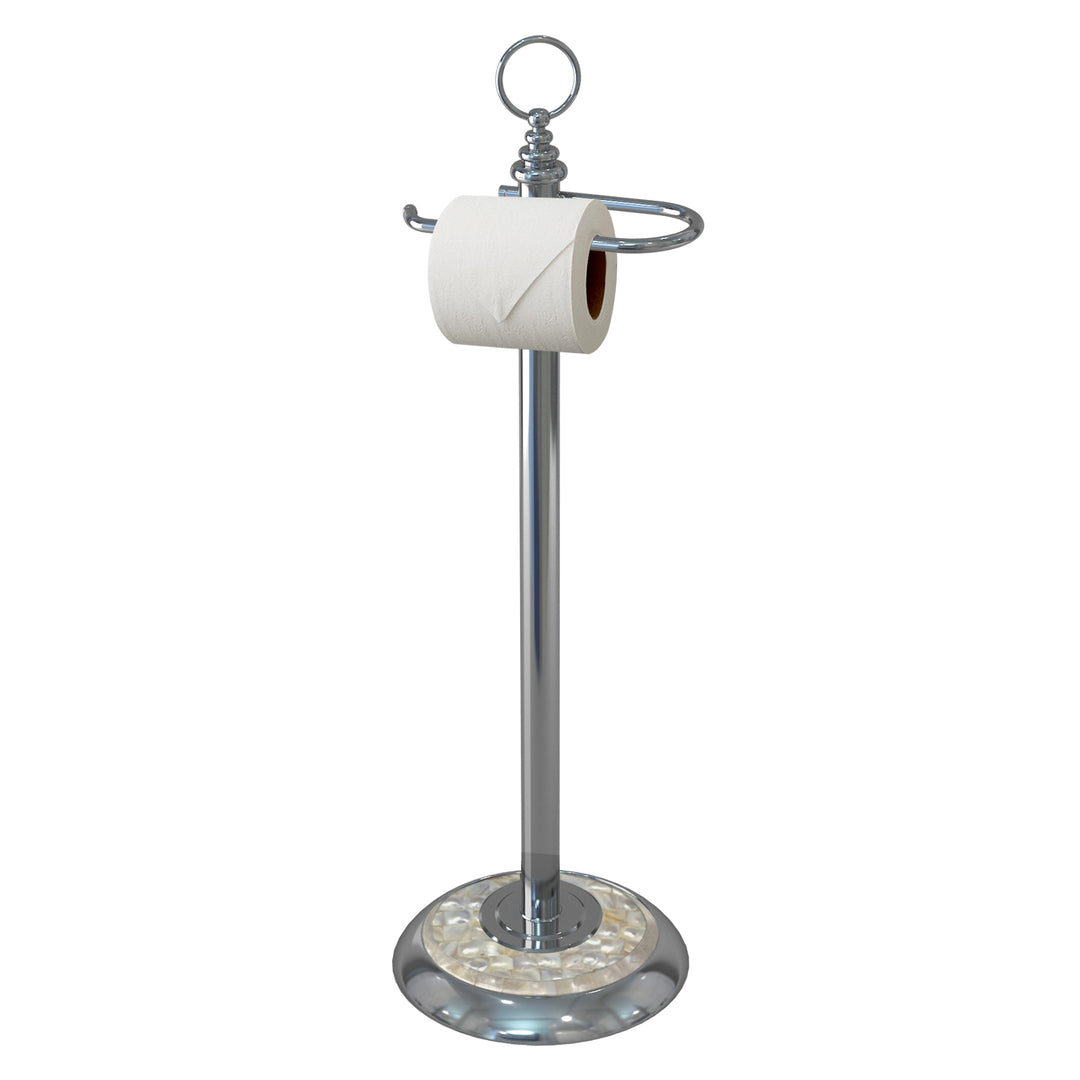 Freestanding Toilet Tissue Paper Roll Holder Stand Metal with Chrome and Mother of Pearl Mosaic Finish