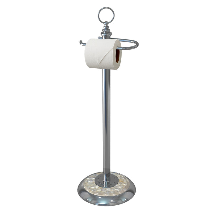 Freestanding Toilet Tissue Paper Roll Holder Stand Metal with Chrome and Mother of Pearl Mosaic Finish