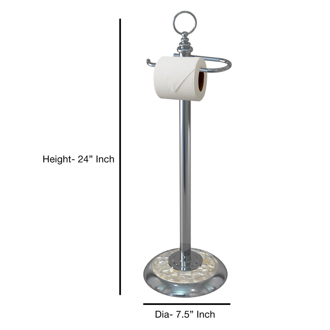 Freestanding Toilet Tissue Paper Roll Holder Stand Metal with Chrome and Mother of Pearl Mosaic Finish