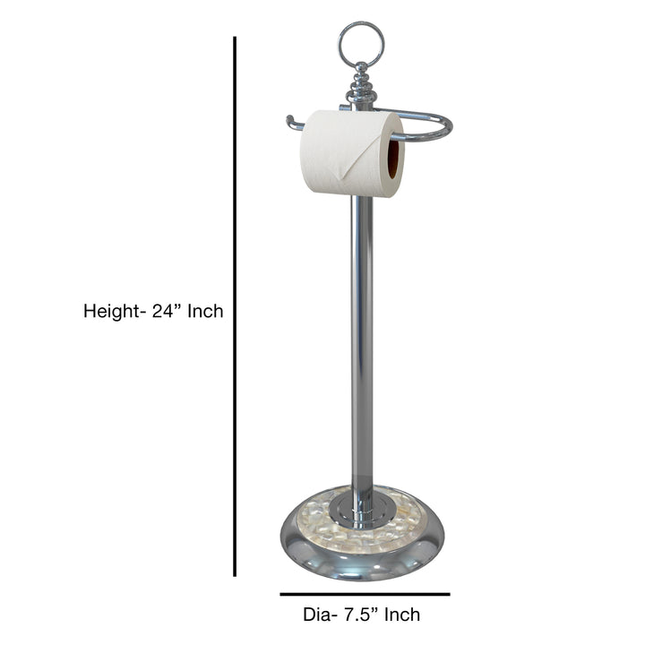 Freestanding Toilet Tissue Paper Roll Holder Stand Metal with Chrome and Mother of Pearl Mosaic Finish