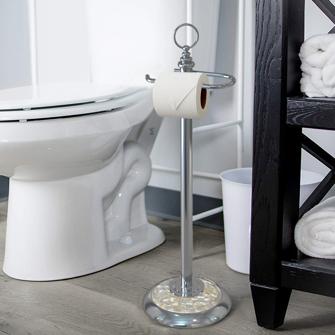 Freestanding Toilet Tissue Paper Roll Holder Stand Metal with Chrome and Mother of Pearl Mosaic Finish