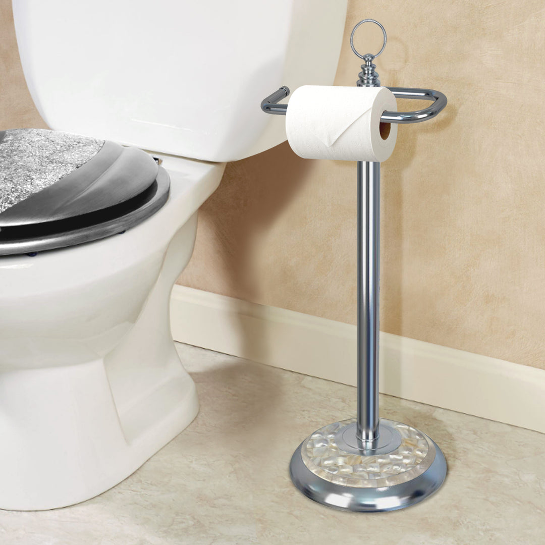Freestanding Toilet Tissue Paper Roll Holder Stand Metal with Chrome and Mother of Pearl Mosaic Finish