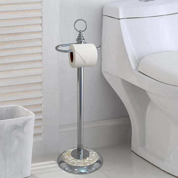 Freestanding Toilet Tissue Paper Roll Holder Stand Metal with Chrome and Mother of Pearl Mosaic Finish