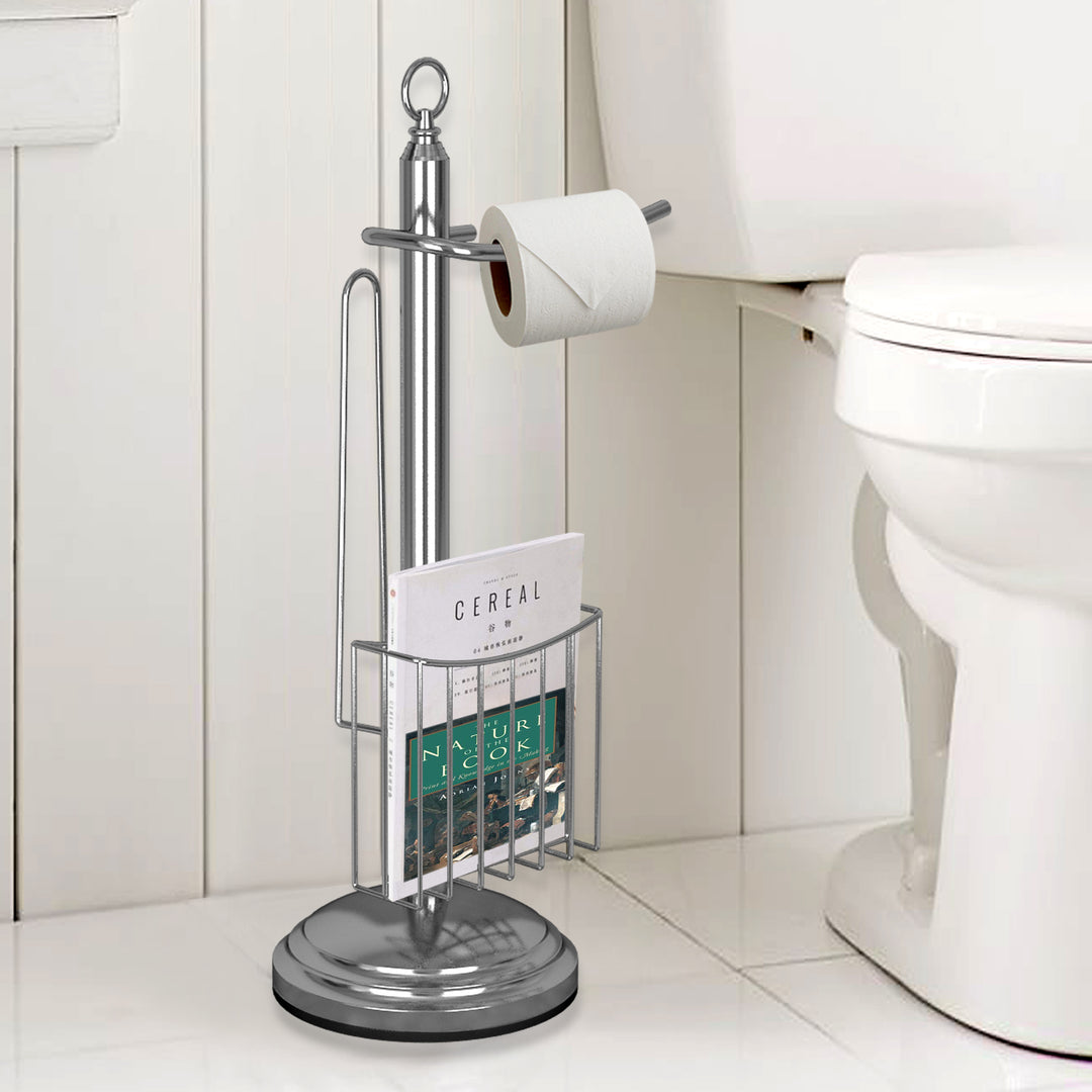 Free Standing Toilet Paper Holder Stand Bathroom with Newspaper and Magazine Rack for Bathroom, Toilet Tissue Paper Roll Storage, Chrome Finish