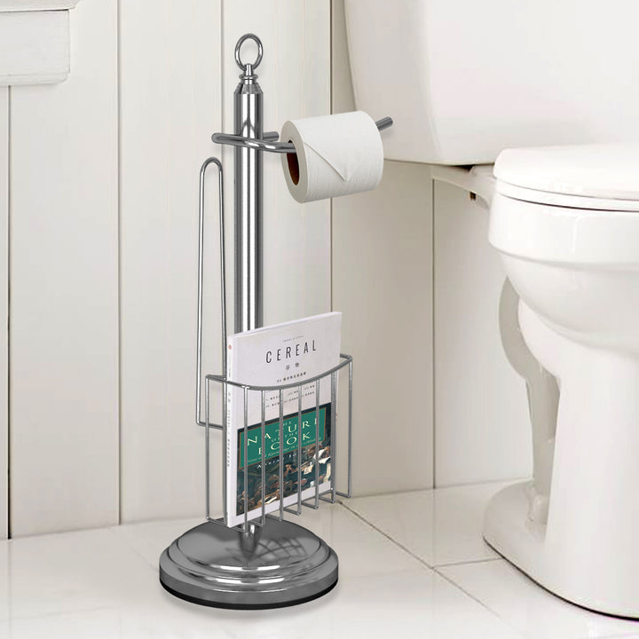 Free Standing Toilet Paper Holder Stand Bathroom with Newspaper and Magazine Rack for Bathroom, Toilet Tissue Paper Roll Storage, Chrome Finish