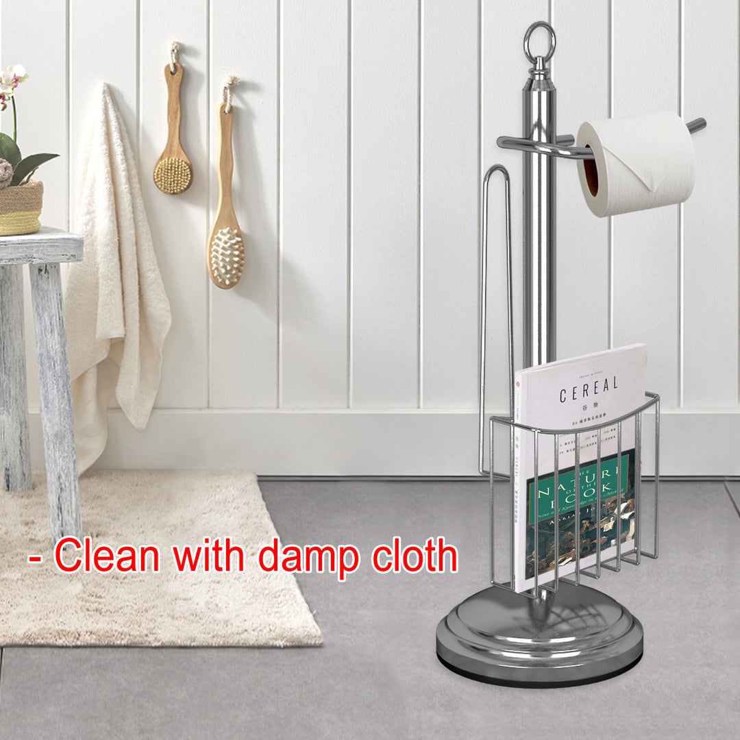 Free Standing Toilet Paper Holder Stand Bathroom with Newspaper and Magazine Rack for Bathroom, Toilet Tissue Paper Roll Storage, Chrome Finish