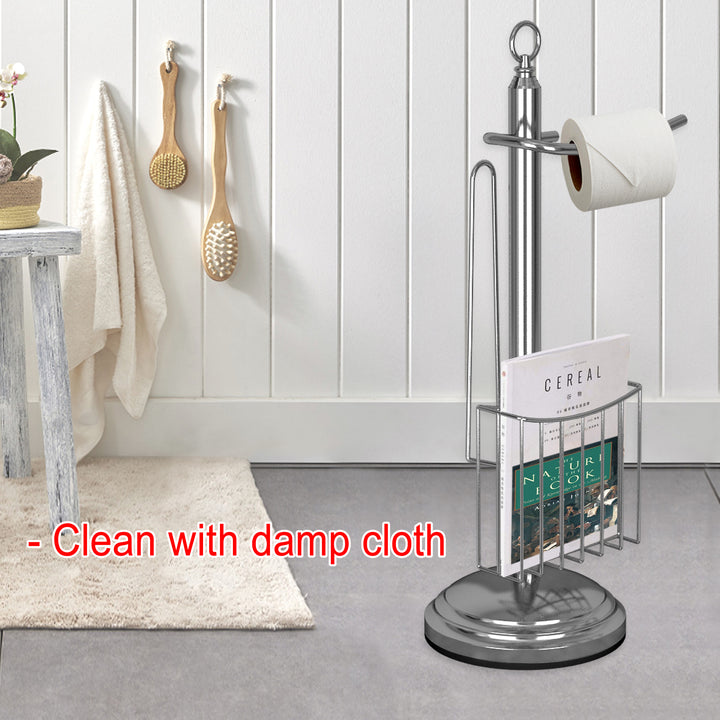 Free Standing Toilet Paper Holder Stand Bathroom with Newspaper and Magazine Rack for Bathroom, Toilet Tissue Paper Roll Storage, Chrome Finish