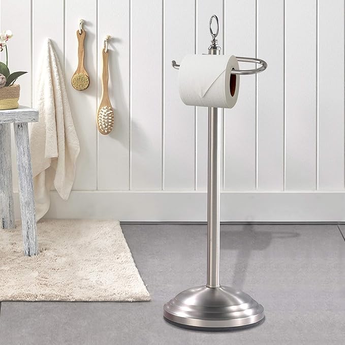 Freestanding Toilet Paper Roll Holder Stand | Silver Finish | Decorative Bathroom Tissue Storage for Modern Vanity, Powder Room & Guest Bath