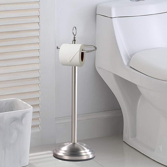 Freestanding Toilet Paper Roll Holder Stand | Silver Finish | Decorative Bathroom Tissue Storage for Modern Vanity, Powder Room & Guest Bath