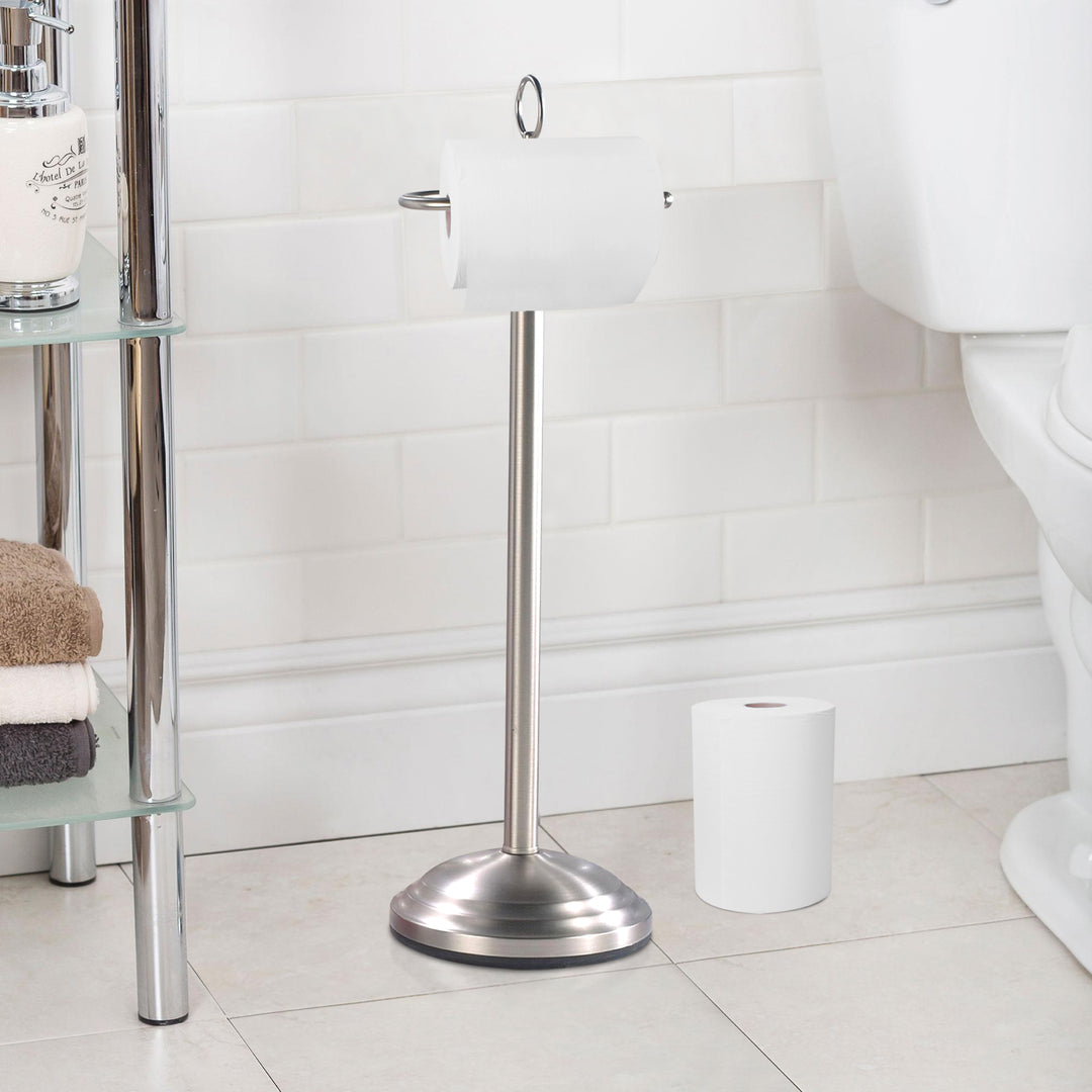 Freestanding Toilet Paper Roll Holder Stand | Silver Finish | Decorative Bathroom Tissue Storage for Modern Vanity, Powder Room & Guest Bath