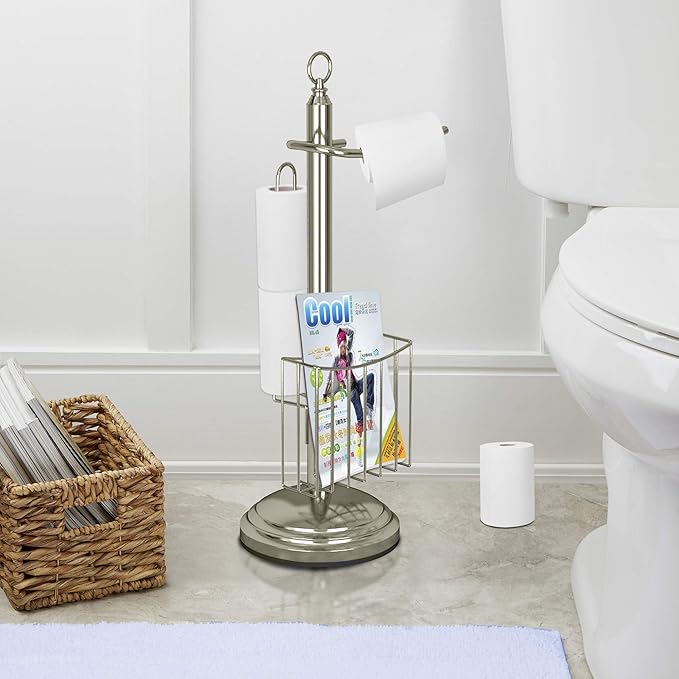 Free Standing Toilet Paper Holder Stand Bathroom & Newspaper and Magazine Rack for Bathroom, Toilet Tissue Paper Roll Storage,Satin Nickel/Brushed  Finish