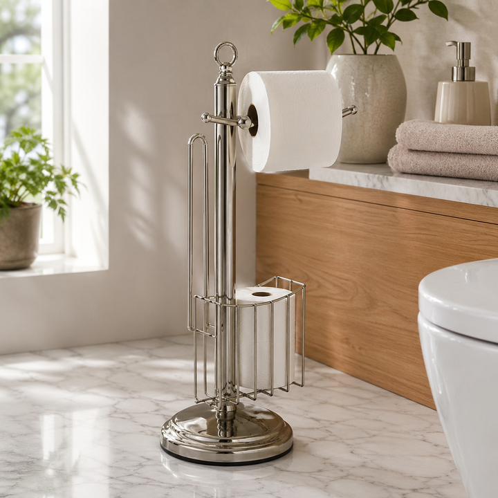 Free Standing Toilet Paper Holder Stand Bathroom & Newspaper and Magazine Rack for Bathroom, Toilet Tissue Paper Roll Storage,Satin Nickel/Brushed  Finish