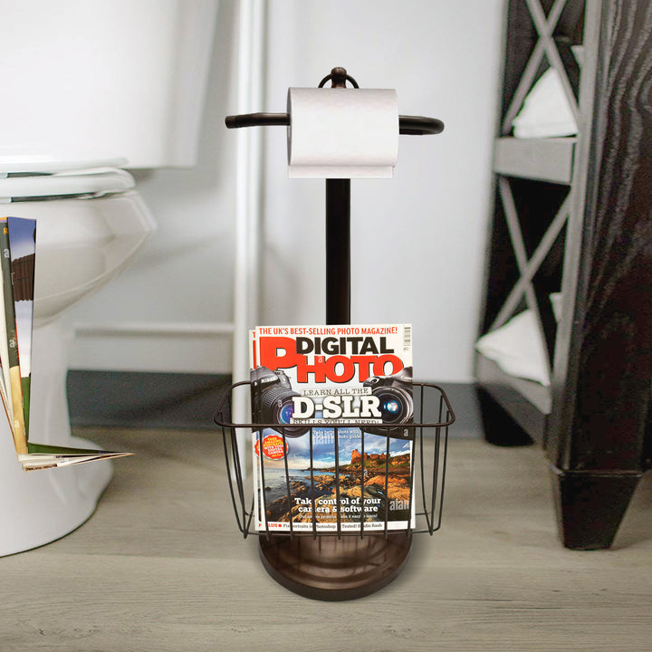 Free Standing Toilet Paper Holder Stand with Newspaper and Magazine Holder for Bathroom | Toilet Tissue Paper Roll Storage | Oil Rubbed Bronze Finish