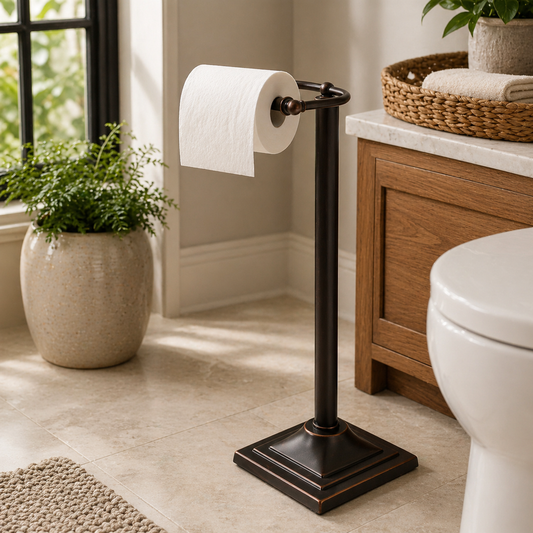Freestanding Toilet Paper Roll Holder Stand | Decorative Bathroom Tissue Storage for Modern Vanity, Powder Room & Guest Bath