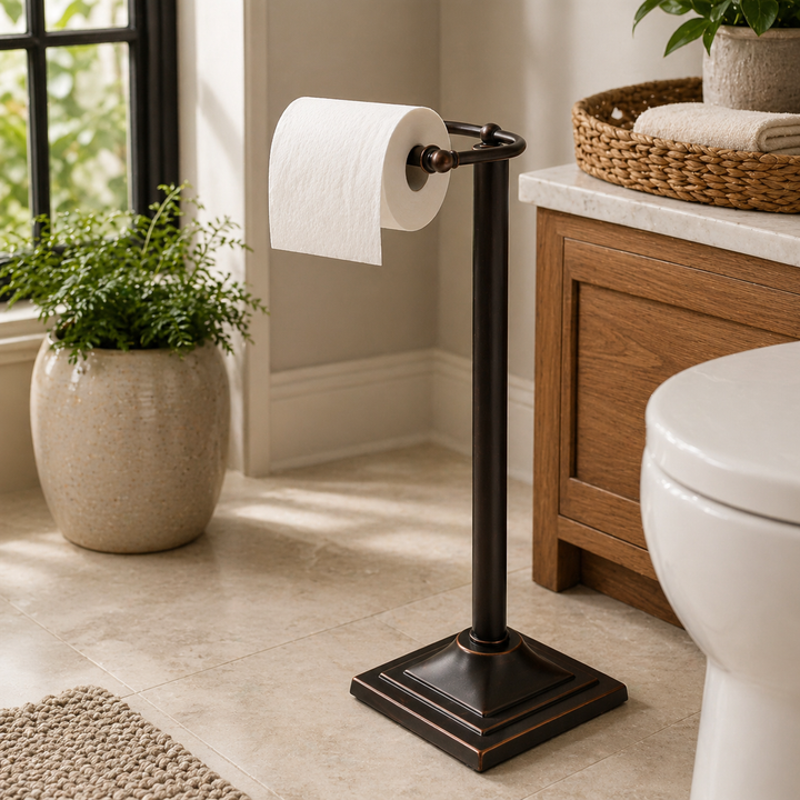 Freestanding Toilet Paper Roll Holder Stand | Decorative Bathroom Tissue Storage for Modern Vanity, Powder Room & Guest Bath