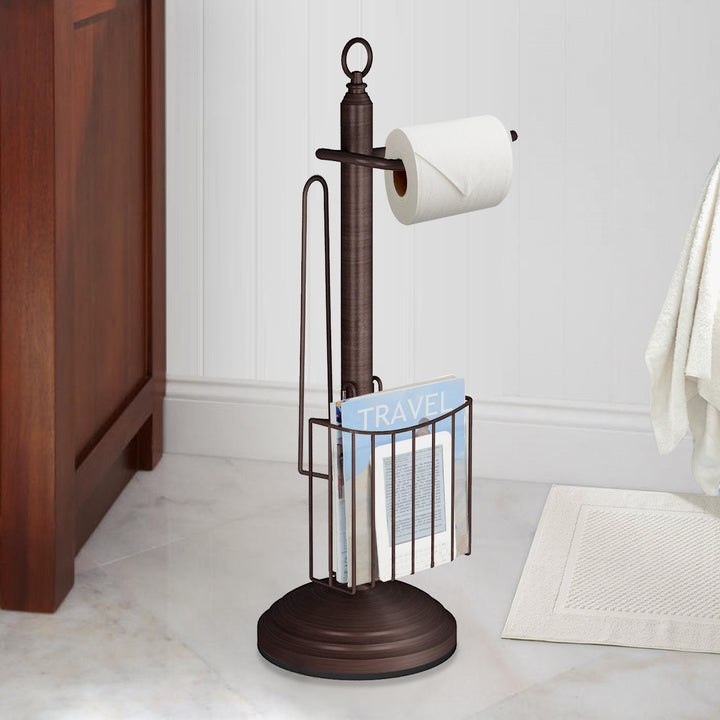 Free Standing Toilet Paper Holder Stand with Newspaper and Magazine Holder for Bathroom | Toilet Tissue Paper Roll Storage | Oil Rubbed Bronze Finish