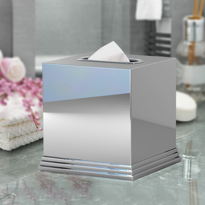 Tissue box cover | Stainless Steel Square Facial Tissue Box Holder for Bathroom Vanity Countertops, Bedroom Dressers | Chrome finish
