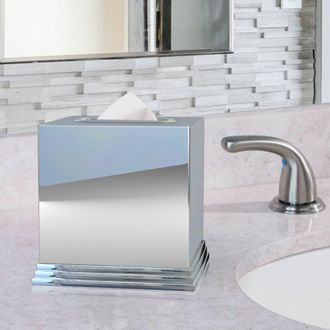 Tissue box cover | Stainless Steel Square Facial Tissue Box Holder for Bathroom Vanity Countertops, Bedroom Dressers | Chrome finish
