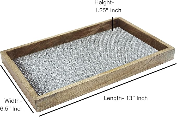 Wood & Aluminum Embossed Vanity Tray, 13", Silver Finish