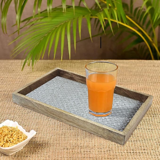 Wood & Aluminum Embossed Vanity Tray, 13", Silver Finish