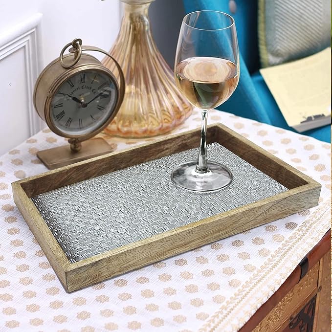 Wood & Aluminum Embossed Vanity Tray, 13", Silver Finish