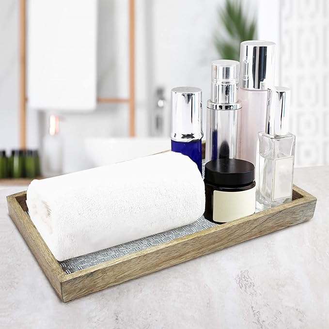 Wood & Aluminum Embossed Vanity Tray, 13", Silver Finish