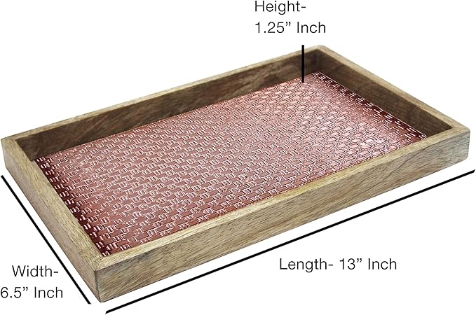 Wood & Aluminum Embossed Vanity Tray, 13", Copper Finish