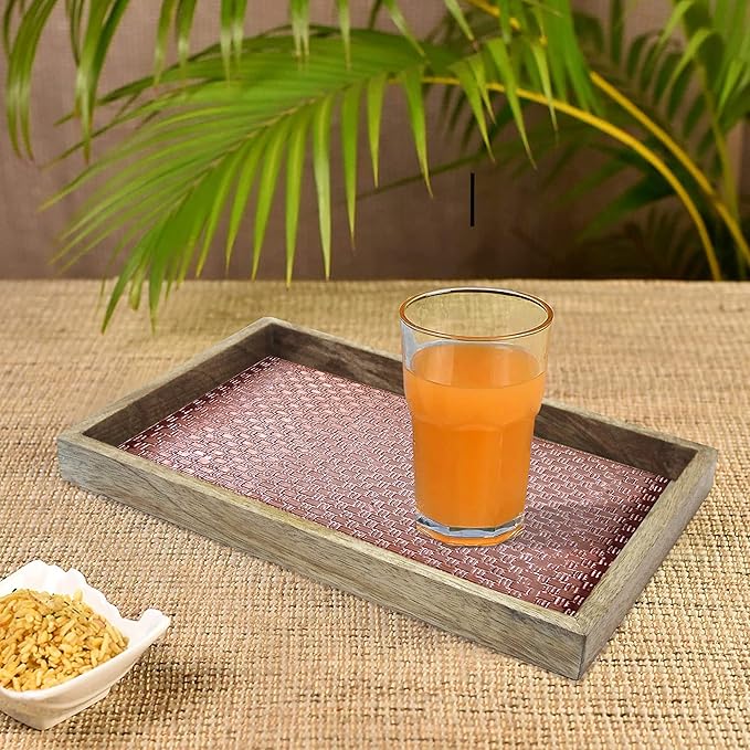 Wood & Aluminum Embossed Vanity Tray, 13", Copper Finish