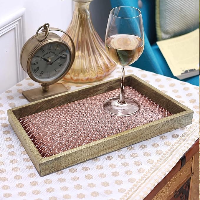 Wood & Aluminum Embossed Vanity Tray, 13", Copper Finish